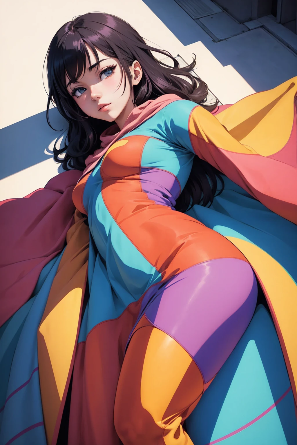 Close-up professional photo of a young woman wrapped in a colorful and warm quilt, Cel Shading, Bold outline, Flat Color, Sharp Shadow, Graphic Style, (Manga influence:1.3), Beautiful line drawing, Impressive visuals,Cartoon Masturbating Masturbation