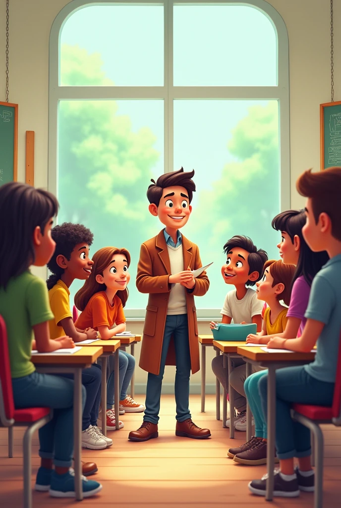 Students around a teacher in cartoon type more space in top of the inage
