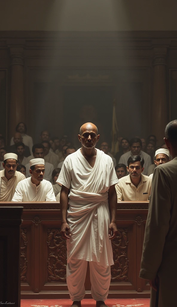 A courtroom scene with Godse on trial for the assassination, wearing traditional clothing, while the audience and judge look on, the mood tense and heavy . Historical images looks 