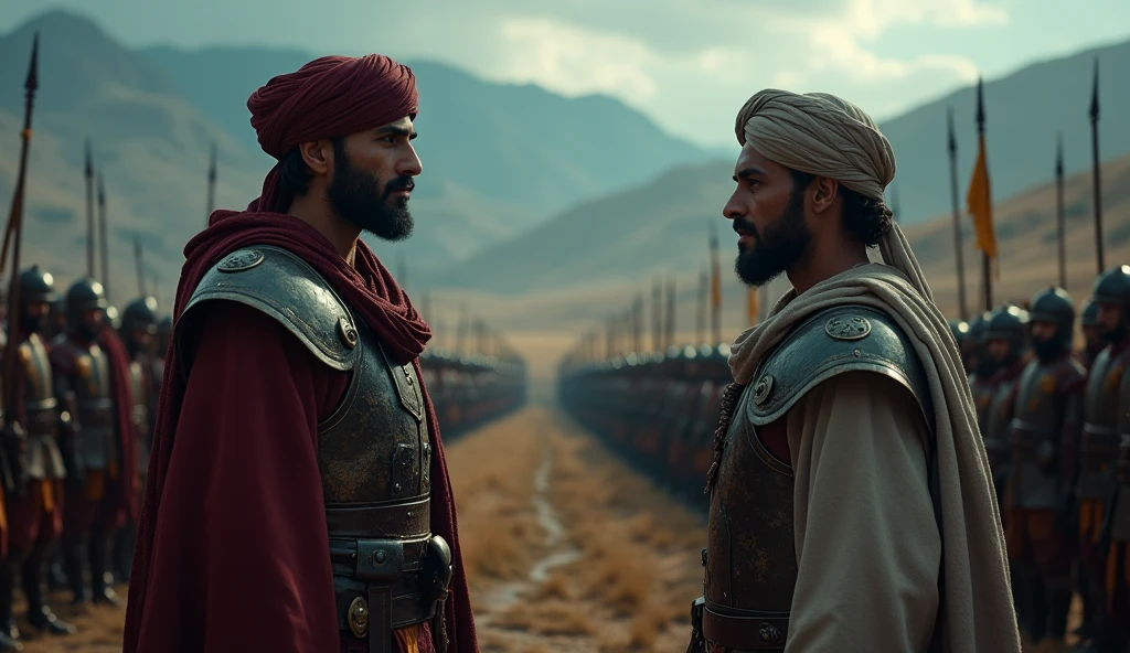 Create an epic, cinematic portrayal of Musa bin Nusair and Thariq bin Ziyad as they strategize for an invasion. The scene should capture both leaders in a dynamic moment of planning, with Musa standing authoritatively and Thariq attentively listening, both clad in traditional Islamic warrior attire. Their clothing features turbans, leather, and iron armor, with intricate detailing reflecting their high status and battle readiness.Surroundings: The two are encircled by their armies, who are also dressed in traditional Islamic attire, standing in disciplined formations. Some soldiers hold banners while others keep a watchful eye on the landscape. The expressions of the soldiers convey focus and readiness, symbolizing the gravity of the upcoming invasion.Background: The backdrop features a grand, underexposed landscape, stretching out into the distance with rolling hills, distant mountains, and a river meandering through the terrain. The environment is vast and imposing, with the land appearing dark and foreboding under a sky heavy with clouds. Faint sunlight filters through, creating a chiaroscuro effect that highlights the leaders and parts of their army, adding depth to the scene.Color Grading: Utilize a cinematic color grading approach with deep blues and earthy tones dominating the landscape. Contrasting warm, golden highlights subtly illuminate Musa, Thariq, and the key figures around them, drawing attention to the critical moment of their planning. The overall composition should evoke a sense of epic scale, strategy, and the monumental nature of the impending campaign