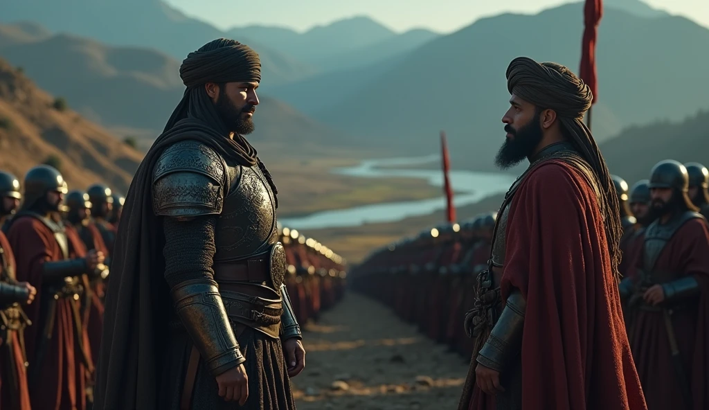 Create an epic, cinematic portrayal of Musa bin Nusair and Thariq bin Ziyad as they strategize for an invasion. The scene should capture both leaders in a dynamic moment of planning, with Musa standing authoritatively and Thariq attentively listening, both clad in traditional Islamic warrior attire. Their clothing features turbans, leather, and iron armor, with intricate detailing reflecting their high status and battle readiness.Surroundings: The two are encircled by their armies, who are also dressed in traditional Islamic attire, standing in disciplined formations. Some soldiers hold banners while others keep a watchful eye on the landscape. The expressions of the soldiers convey focus and readiness, symbolizing the gravity of the upcoming invasion.Background: The backdrop features a grand, underexposed landscape, stretching out into the distance with rolling hills, distant mountains, and a river meandering through the terrain. The environment is vast and imposing, with the land appearing dark and foreboding under a sky heavy with clouds. Faint sunlight filters through, creating a chiaroscuro effect that highlights the leaders and parts of their army, adding depth to the scene.Color Grading: Utilize a cinematic color grading approach with deep blues and earthy tones dominating the landscape. Contrasting warm, golden highlights subtly illuminate Musa, Thariq, and the key figures around them, drawing attention to the critical moment of their planning. The overall composition should evoke a sense of epic scale, strategy, and the monumental nature of the impending campaign