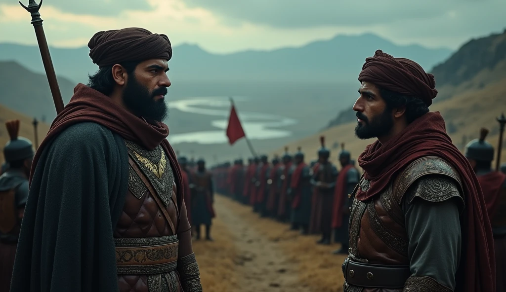 Create an epic, cinematic portrayal of Musa bin Nusair and Thariq bin Ziyad as they strategize for an invasion. The scene should capture both leaders in a dynamic moment of planning, with Musa standing authoritatively and Thariq attentively listening, both clad in traditional Islamic warrior attire. Their clothing features turbans, leather, and iron armor, with intricate detailing reflecting their high status and battle readiness.Surroundings: The two are encircled by their armies, who are also dressed in traditional Islamic attire, standing in disciplined formations. Some soldiers hold banners while others keep a watchful eye on the landscape. The expressions of the soldiers convey focus and readiness, symbolizing the gravity of the upcoming invasion.Background: The backdrop features a grand, underexposed landscape, stretching out into the distance with rolling hills, distant mountains, and a river meandering through the terrain. The environment is vast and imposing, with the land appearing dark and foreboding under a sky heavy with clouds. Faint sunlight filters through, creating a chiaroscuro effect that highlights the leaders and parts of their army, adding depth to the scene.Color Grading: Utilize a cinematic color grading approach with deep blues and earthy tones dominating the landscape. Contrasting warm, golden highlights subtly illuminate Musa, Thariq, and the key figures around them, drawing attention to the critical moment of their planning. The overall composition should evoke a sense of epic scale, strategy, and the monumental nature of the impending campaign