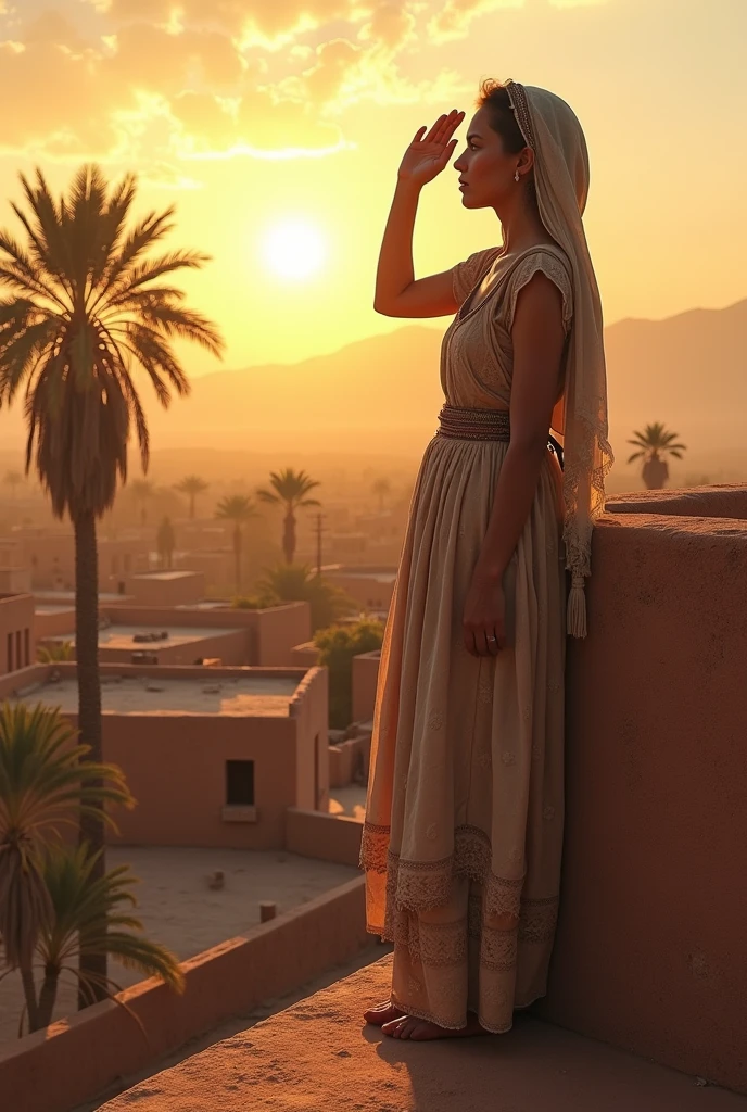 
A Moroccan Amazigh woman, standing on the roof of the house, leaning with her hands on the wall and her other hand over her head to block the sun from her eyes. Very wonderful pictures, in high resolution, as if it were a painting by Leonardo da Vinci. . Above the roof, you see distant mud houses, palm trees and mountains, the image of the woman is close to the eye, time : At sunrise