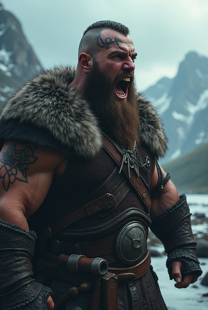 a mega realistic viking screaming with his teeth showing, with a Nordic tattoo around his eye