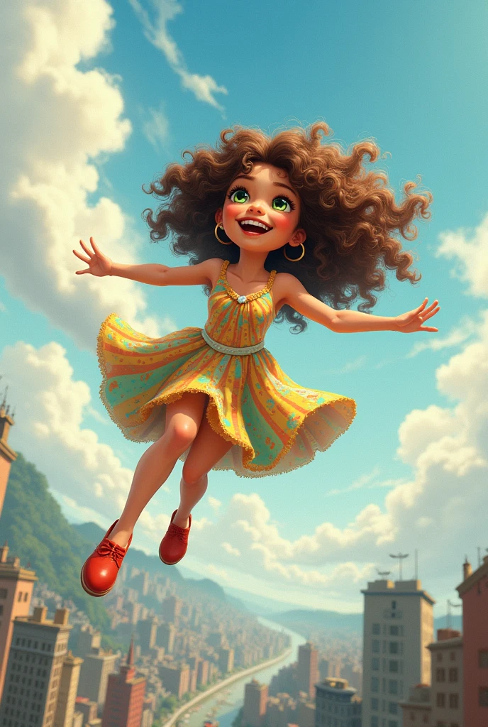 drawing style for book . , Curly Brunette Hair, greeneyes, wearing colorful dress and red shoes. She is close to the clouds, flying happily over a city. negative prompt: no bad hands, no bad yes, perfect body