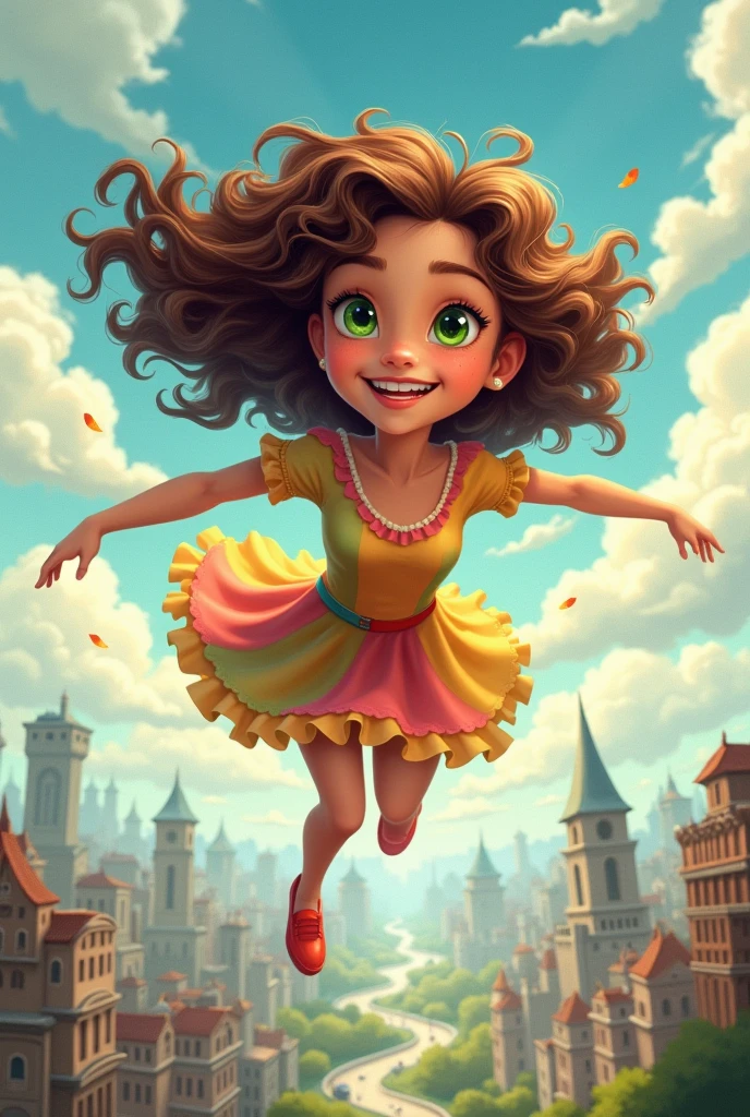 drawing style for book . , Curly Brunette Hair, greeneyes, wearing colorful dress and red shoes. She is close to the clouds, flying happily over a city. negative prompt: no bad hands, no bad yes, perfect body