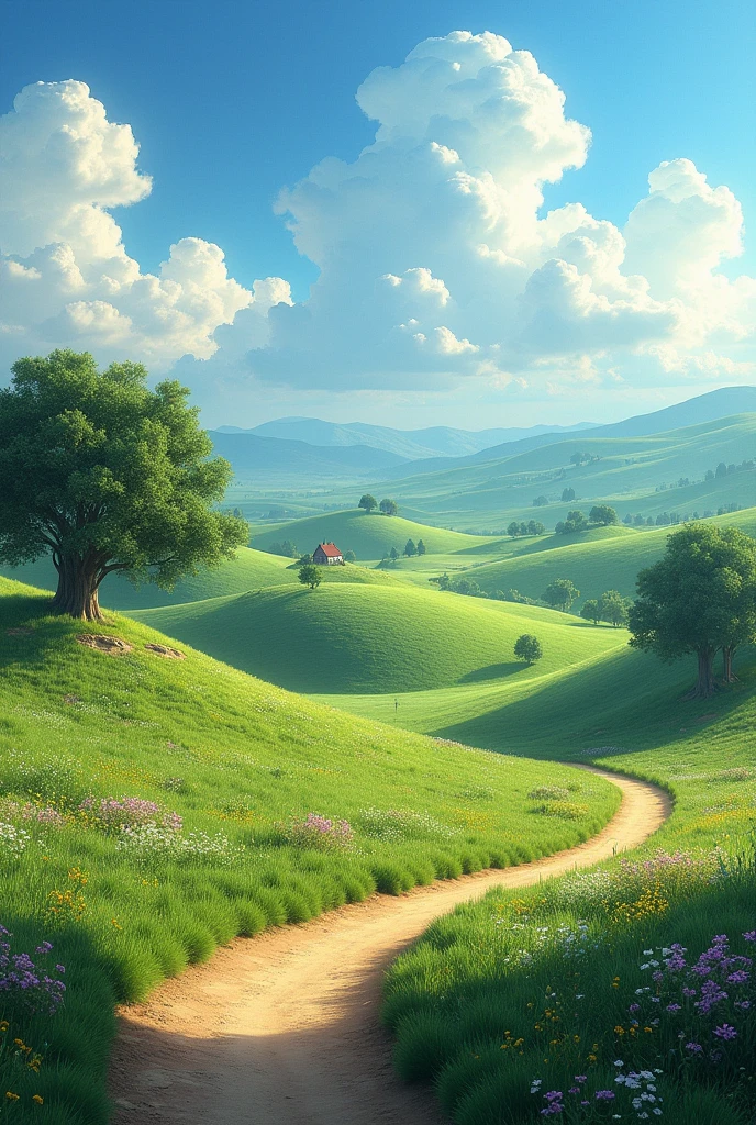 A wide, panoramic view of the landscape with gently rolling hills covered with lush vegetation, grama verde. The landscape is dotted with small patches of wildflowers in vibrant colors, and some big ones, ancient oaks stand proud on the hilltops. A narrow dirt path winds through the hills, leading to a distant, comfortable farmhouse with smoke rising from the chimney. The sky is vast and blue, with some soft, fluffy clouds floating lazily above. The scene is peaceful and expansive, evoking a sense of and connection with nature