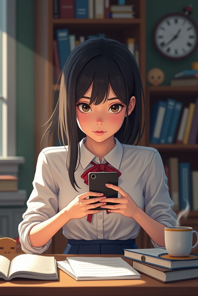 A girl studying for exam but looking at mobile