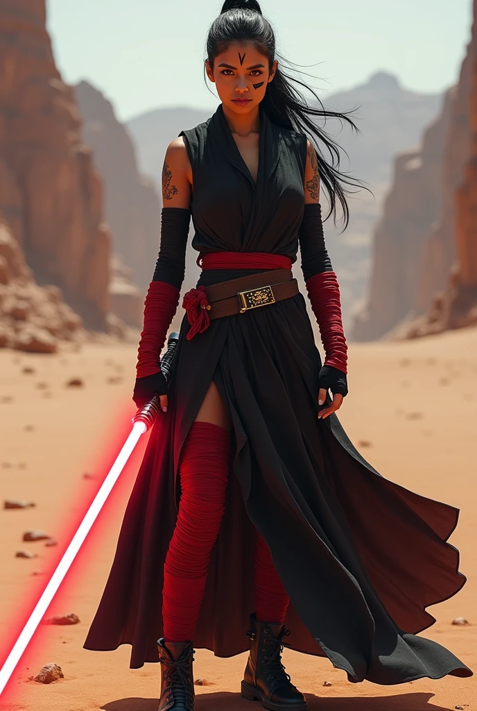 Beautiful, Mexican, female, young woman, long black hair tied into a tight ponytail, dark red eyes, black war paint on face, wearing black Jedi robes, arms wrapped in red bandages, wearing black fingerless leather gloves, legs completely wrapped in red bandages, wearing black leather boots, holding a lightsaber in one hand, standing in a desert, viewed from the front