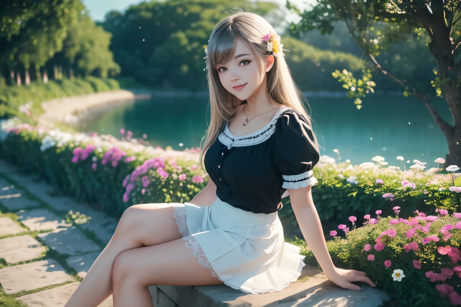 cute sexi girl, thick thighs,  white short miniskirt ,lace miniskirt ,smile,flower garden,full body,sitting,sea in the distance,light particles,(Depth of field,cinematic angle,cinematic lighting:1.2),blurry background,blurry foreground,(masterpiece:1.2),(best quality:1.2),(very aesthetic:1.2),(absurdres:1.2),(detailed background),newest,intricate details
