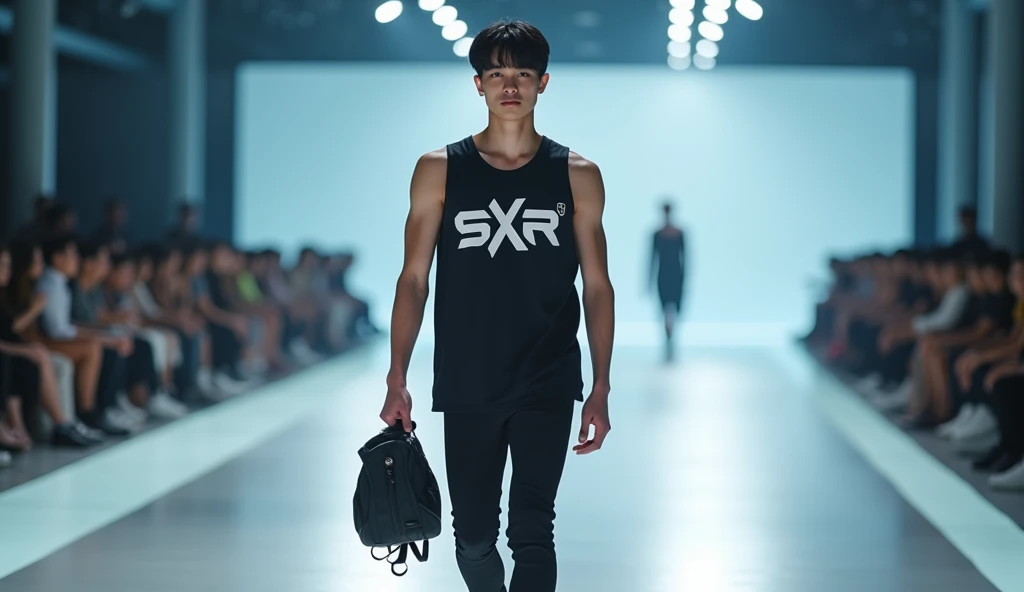 a sportwear fashion handsome 18 yrs. old, k pop Asian male model, runway show full body holding sports bag pack, tank top casual wear style, SXR logo design, ultra-detailed, film photography, light leaks, trending on sportwear, sharp focus, studio photo, futuristic detail please remember the following text:
"A sportswear fashionable 1 K-pop Asian male model walking the runway, carrying a sports backpack, wearing a casual tank top featuring the SXR logo design. The photo is ultra-detailed, shot using film photography with light leaks. The style is currently trending in sportswear, with sharp focus and futuristic details, captured in a studio setting." ls, highly detailed
