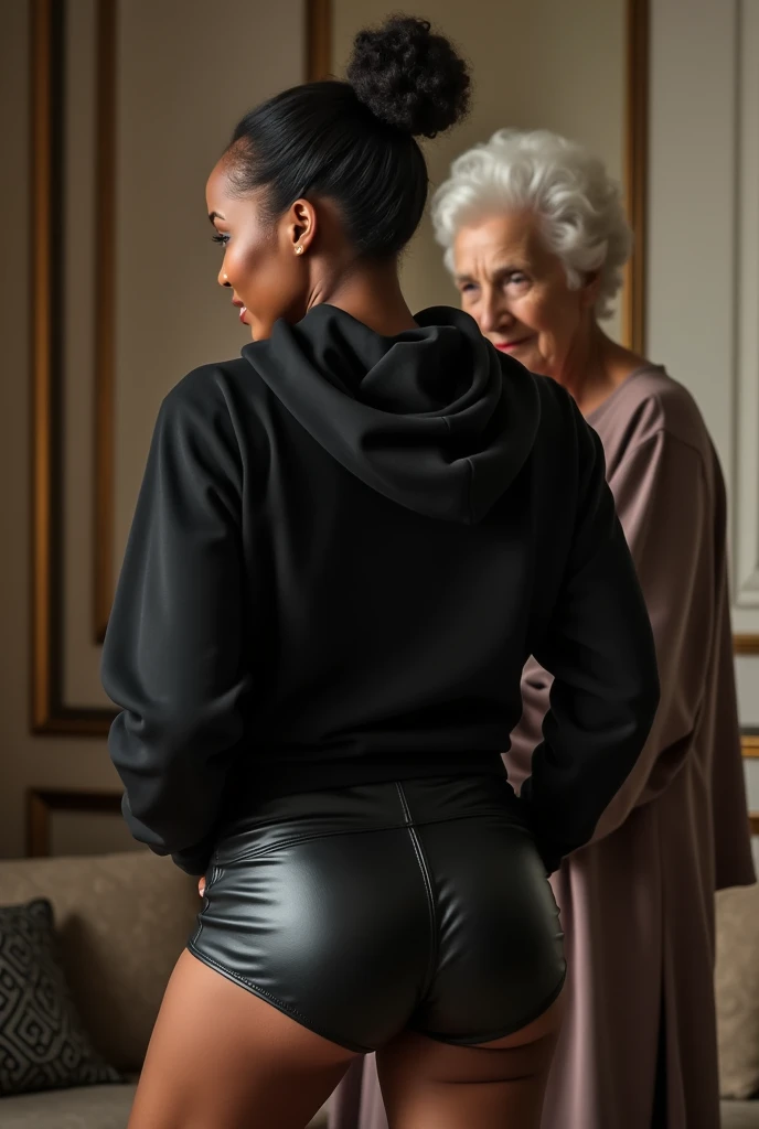 black woman hair in a bun black hoodie black leather short shorts being fucked in the ass by a old grandma in a dress