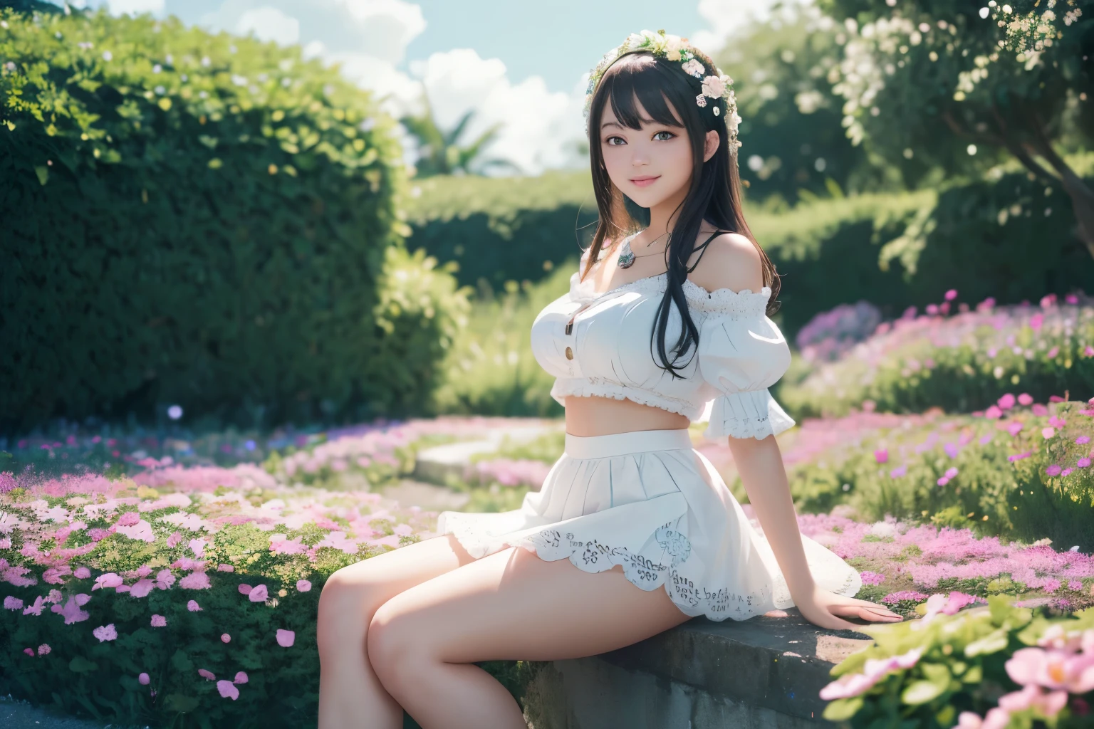 cute sexi girl, thick thighs,  white short miniskirt ,lace miniskirt ,smile,flower garden,full body,sitting,sea in the distance,light particles,(Depth of field,cinematic angle,cinematic lighting:1.2),blurry background,blurry foreground,(masterpiece:1.2),(best quality:1.2),(very aesthetic:1.2),(absurdres:1.2),(detailed background),newest,intricate details
