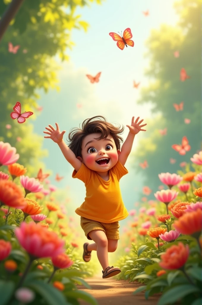 A cute playing in the garden raised hands jumping, butterflies around beautiful flowers around