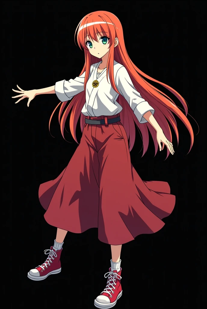 A full body image of an elderly girl, personagem do anime "JUJUTSU KAİSEN", she is very beautiful, with long, straight, fire-colored hair with two white streaks highlighted in the front, framing your face. She has blue-green eyes and pale skin.. she is a Wiccan, she is in fighting pose. she wears a pentagram necklace, skirts, beautiful women's high-top shoes and ¾-long socks. She is drawn with Gege Akutami's lines and animation style., criador de JUJUTSU KAİSEN. black backdrop.