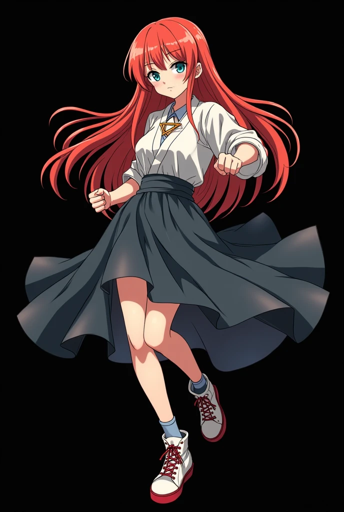 A full body image of an elderly girl, personagem do anime "JUJUTSU KAİSEN", she is very beautiful, with long, straight, fire-colored hair with two white streaks highlighted in the front, framing your face. She has blue-green eyes and pale skin.. she is a Wiccan, she is in fighting pose. she wears a pentagram necklace, skirts, beautiful women's high-top shoes and ¾-long socks. She is drawn with Gege Akutami's lines and animation style., criador de JUJUTSU KAİSEN. black backdrop.