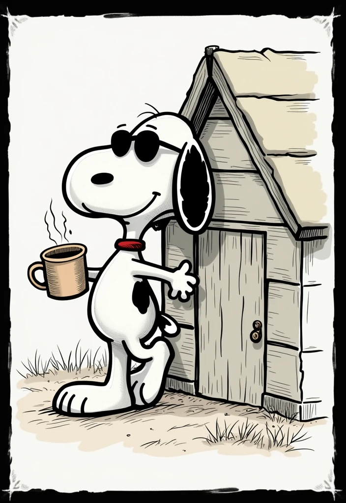 snoopy with sunglasses leaning against the little house, with one foot resting on the house, style position, holding a cup of coffee, wooden house, clean and precise line strokes, straight lines without deformations