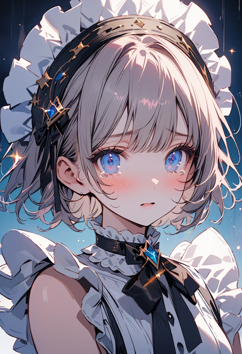 masterpiece, best quality, novel illustration, highres, intimate, emotional, passionate, romantic, sweet, endearing, innocent, pure, captivating, alluring, sad, melancholy, reminiscing, enticing, mysterious, enchanting, captivating, immersive, mesmerizing, dreamlike, surreal, imaginative, whimsical, artistic, avant-garde, timeless, elegant, sophisticated, chic, refined, unique, original, mesmerizing,((Maid clothes:1.3)),((Beautiful tears)) ((sparkles))