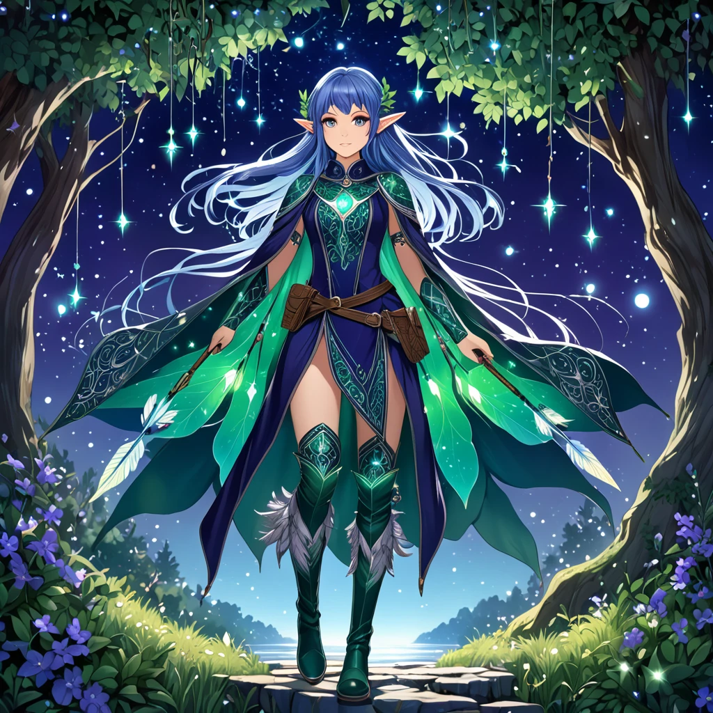 A mysterious elf with cascading midnight-blue hair that glows faintly under moonlight, adorned with tiny silver charms and feathers, wearing a flowing, deep violet cloak with intricate silver embroidery depicting ancient constellations, a fitted tunic made of enchanted forest leaves that shimmer with a soft emerald hue, and knee-high boots crafted from dragonhide, complete with a belt of interwoven vines and a quiver of arrows tipped with enchanted crystals.