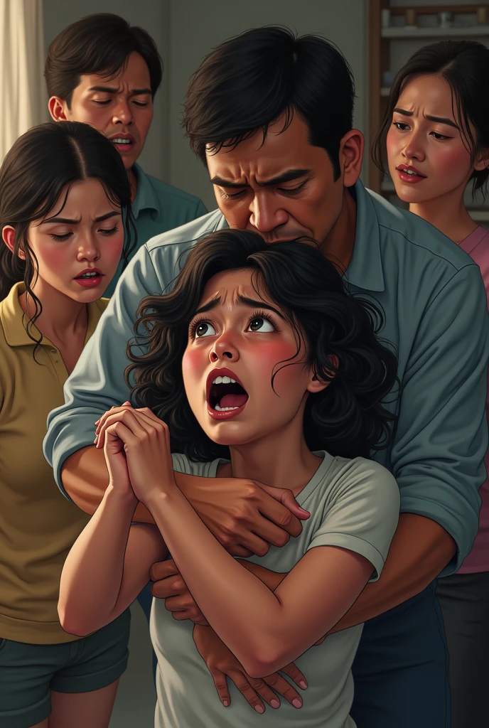Young woman,20 years,hysterics,there are relatives around,She's on her knees,father calms her down,hugging and protecting from everyone 