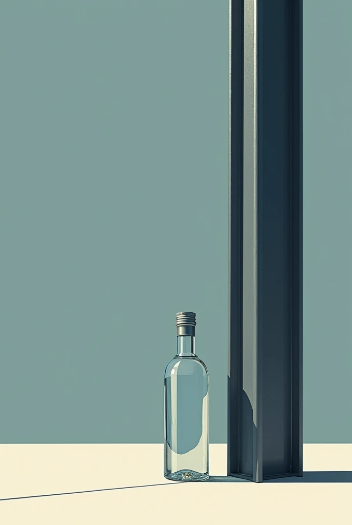 A small vodka bottle in front of a steel beam as a comic