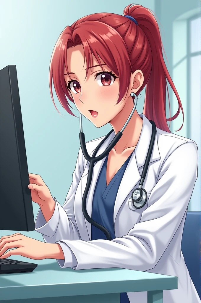 I want an illustration of a doctor, red hair ponytail, in a white coat, brunette skin, using a stethoscope,