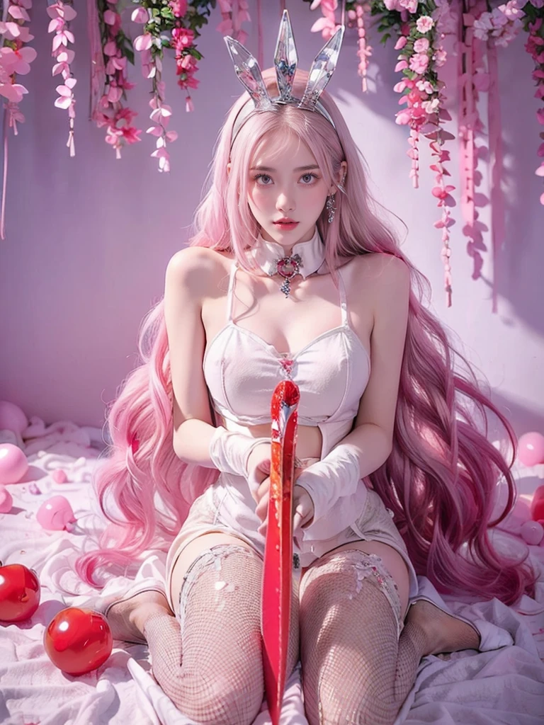 In reality, high resolution, 1 woman, glowing skin, alone, like a jewel, Reddish pink lips, long white hair, eblue eyes, Shut up, Hip hop, Fantasy Armor, holding a knife, wearing heavy armor, whole body,