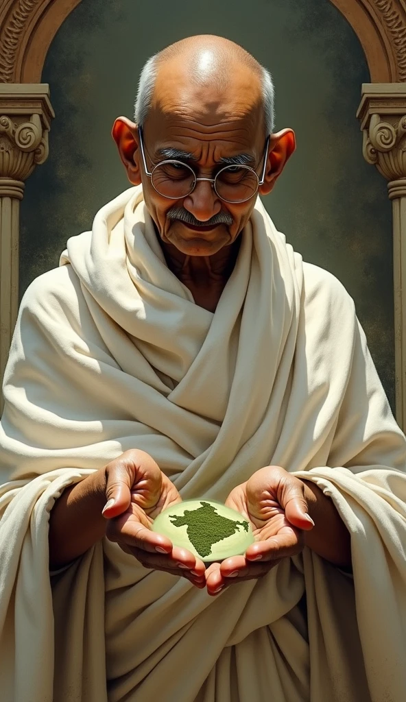 An artistically styled representation of Gandhi as the 'Father of the Nation,' holding India in his hands, while Godse, standing at the edge of the frame, appears to be struggling with his choice. Historical images looks