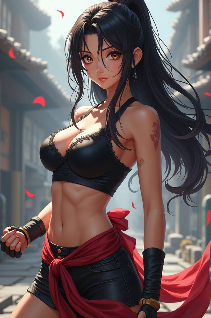Create an anime character with dark hair, Loose, with brown eyes, waist-length hair, not very busty, a fighting character