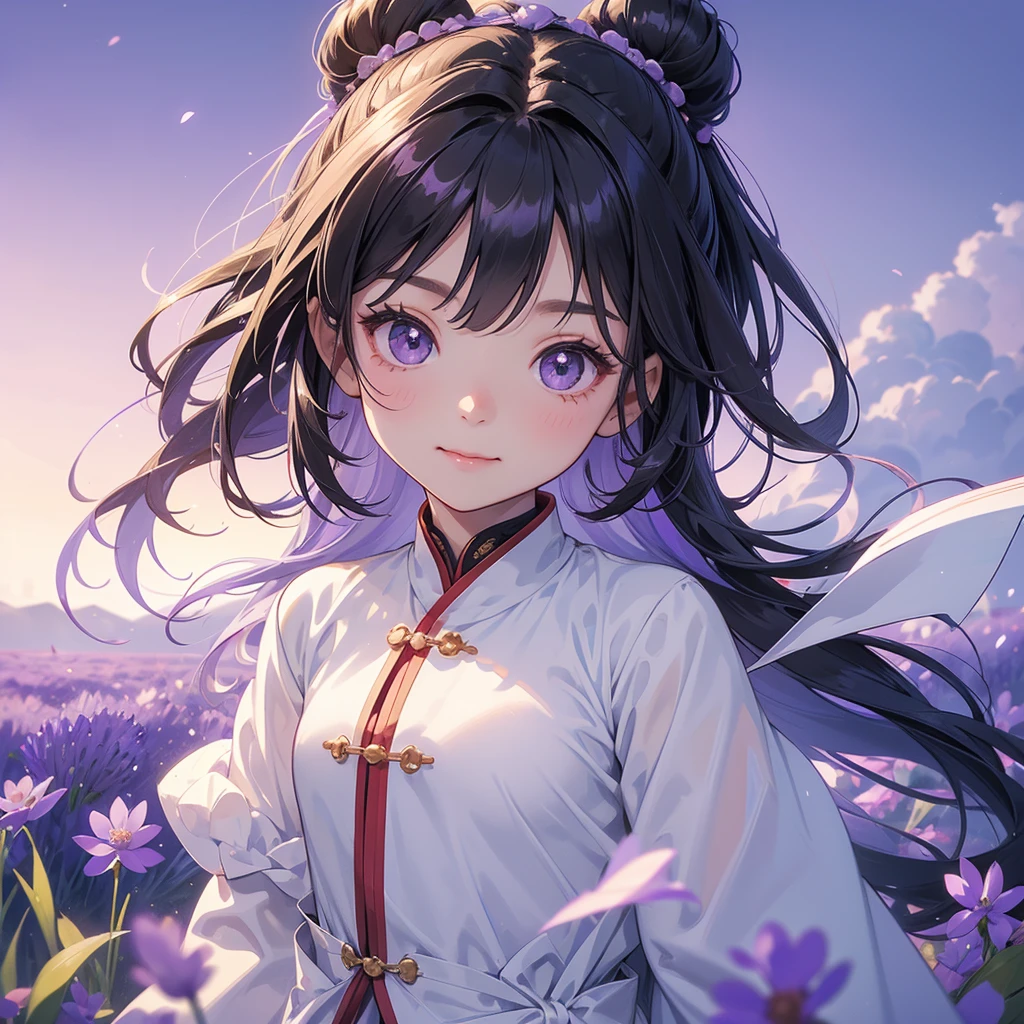 A chibi child girl had a small face and Wearing white little Taoist priest's outfit. A pair of big round eyes shone with curiosity about him. This child was so cute, Stroll among the purple lavender fields , There are some floating clouds.
her hair is black with two buns on her hair.small chibi, chibi baby, smiling ,Chibi.