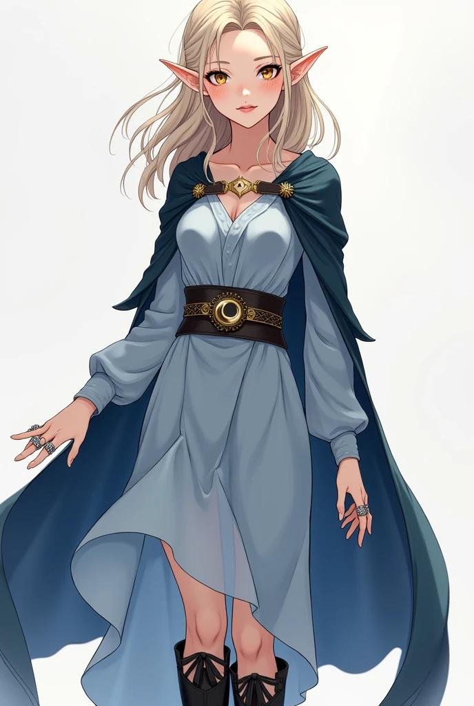 Make it anime-style, Líf is an adult elf between 23 and 2., your beauty is exceptional, with an angelic appearance and delicate features. Your skin is softly pale, resembling pure porcelain. Her long black eyelashes accentuate an innocent look, with honey-colored eyes that radiate an enchanting clarity. Her lips are delicately rounded, with a natural pink tone. A small mole adorns her right cheek, adding a unique touch to its ethereal beauty.
Her light blonde hair flows in wavy locks, descending gently on your shoulders, every thread as soft as silk. A long-sleeved blue dress hugged her figure, with a flowing skirt that ended elegantly just above the knees. A leather belt adorned his waist, standing out with a crescent-shaped buckle, surrounded by small golden stones, adding a heavenly touch to your attire. On the feet, simple black leather boots, whose long barrel fitted simply, were tied with dark laces, providing you with unpretentious practicality. Over the shoulders, a modest cloak in a deep shade of indigo enveloped her. Silver and gold rings, three on each hand.