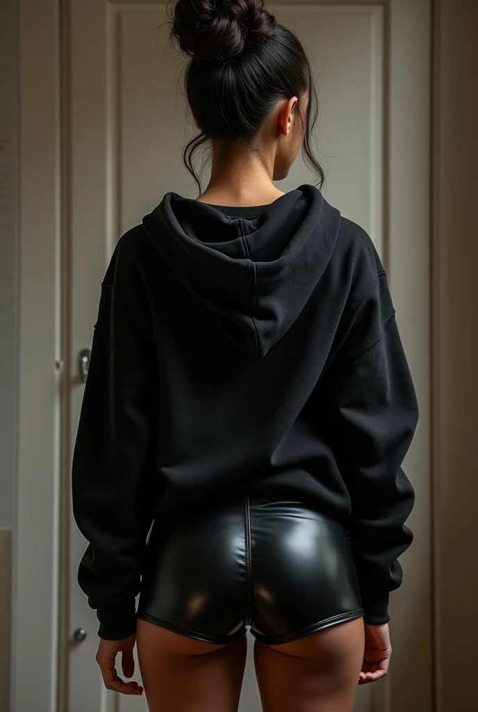 black woman hair in a bun black hoodie black leather short shorts being fucked in the ass by a old grandma in a dress