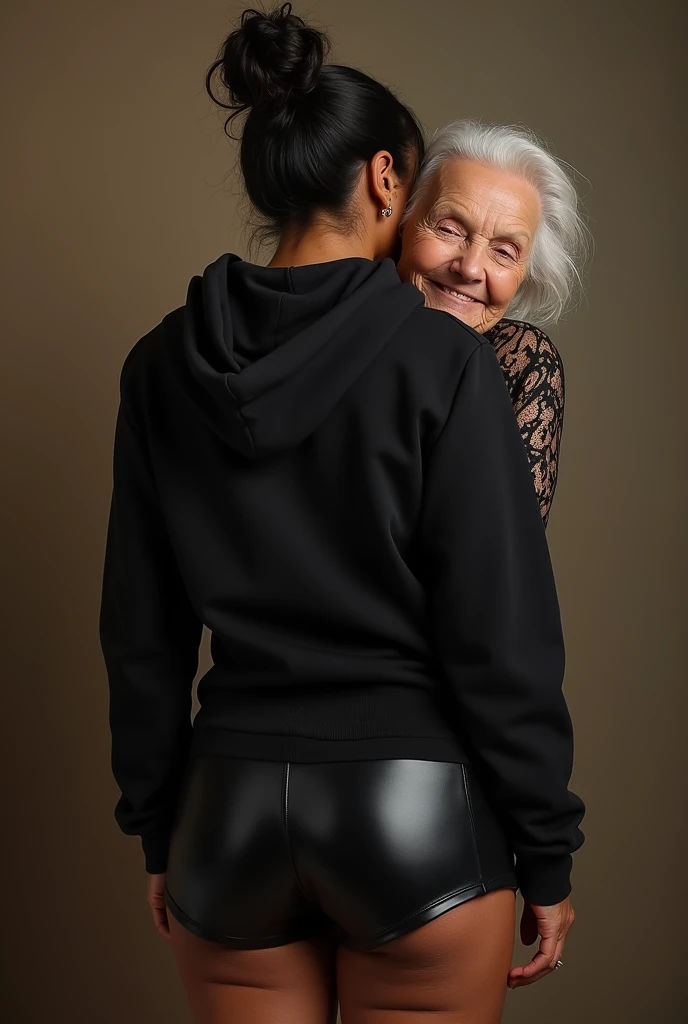 black woman hair in a bun black hoodie black leather short shorts being fucked in the ass by a old grandma in a dress