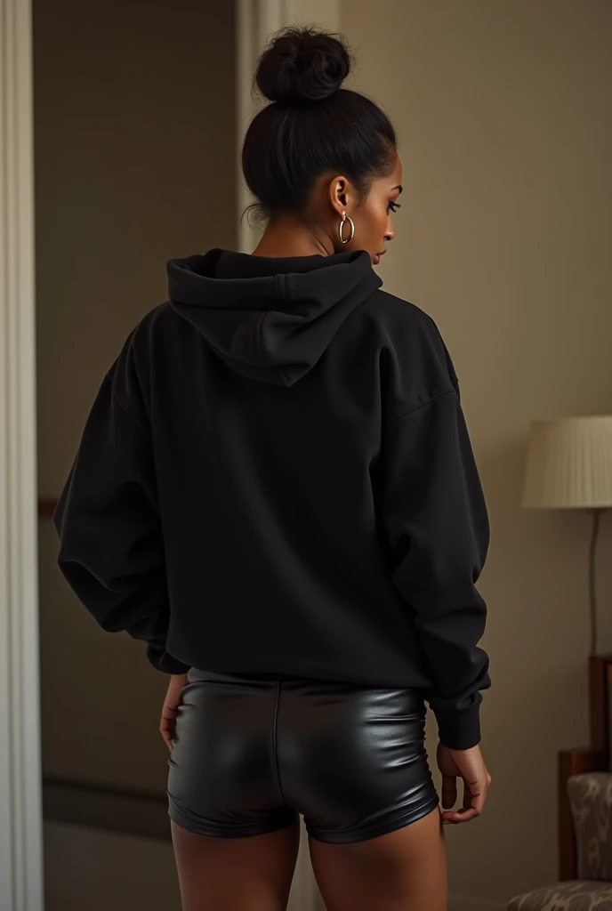 black woman hair in a bun black hoodie black leather short shorts being fucked in the ass by a old grandma in a dress