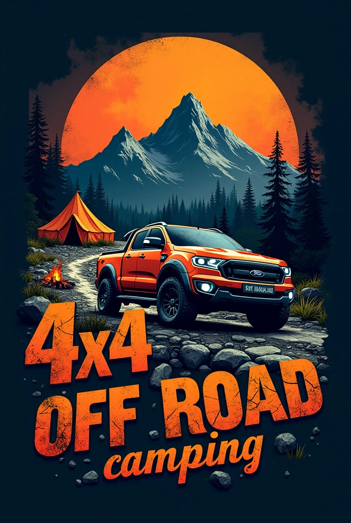 Design for t-shirt a highly realistic abstract 3D rendered logo illustration in dark tones for(Ford ranger 2008) featuring an off-road 4x4 theme. The main elements include large, cracked-stone-style orange text with the words '4x4' and 'OFF-ROAD,' along with 'THAILAND' and 'Camping.' Incorporate the Thai flag into the design. The vehicle should be depicted navigating a rocky road, with elements like a campfire, a tent, and a large mountain in the background. Surround the scene with trees, grass, and a large orange sun setting behind the mountains. All these elements should be set against a black background for a striking contrast.

