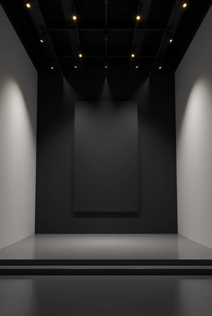 Interior of a minimalist evangelical church in a rectangular shape, black background wall with led panel in the center, black upper ceiling with several yellowish light points, party lights pointing at stage and illuminating,  white side walls.