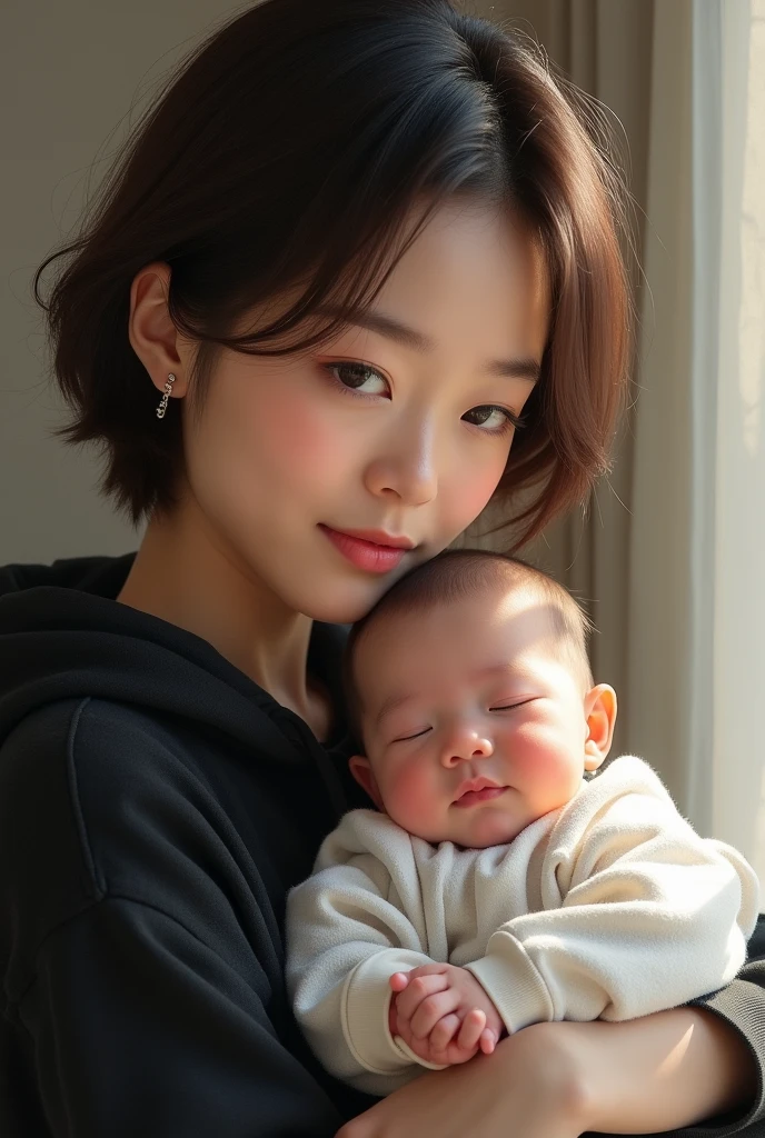woman Asian Face Brown Hair short hair Black hoodie Holding a baby Realistic images adult