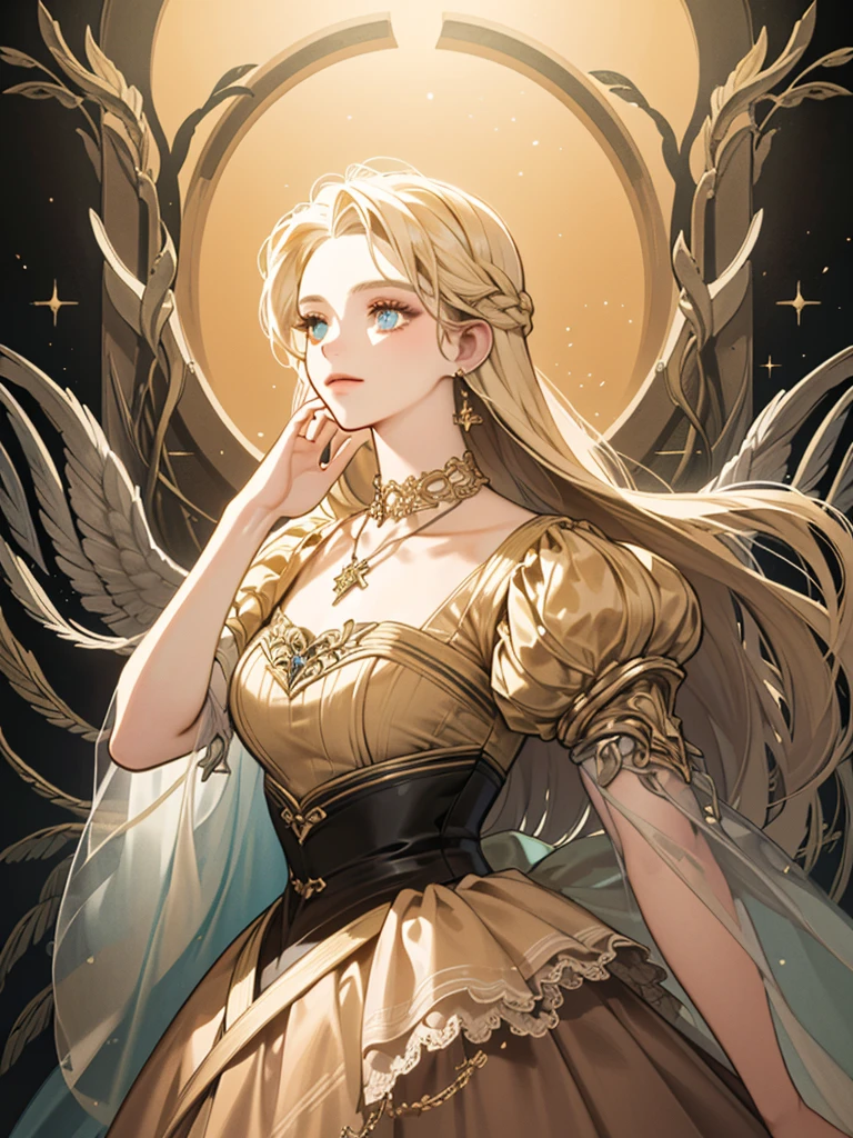 (((((masterpiece+Best Quality+ultra detailed+8K Wallpaper+best illustration)))), esmeralda, esmeralda eyes+Pure and indescribable face, long golden hair+earrings+Delicate pendant, single collar, Sparkling Adorned with Diamonds, Beige waist-length dress + Master-level fashion design is well-tailored and stylish, Radiant and dreamy colors, evening dresses, Lighting effects, high quality, The environment surrounding the characters secretly triggers the mysterious and dreamy atmosphere of the characters...