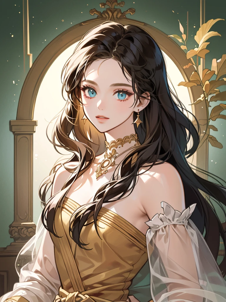 (((((masterpiece+Best Quality+ultra detailed+8K Wallpaper+best illustration)))), esmeralda, esmeralda eyes+Pure and indescribable face, long golden hair+earrings+Delicate pendant, single collar, Sparkling Adorned with Diamonds, Beige waist-length dress + Master-level fashion design is well-tailored and stylish, Radiant and dreamy colors, evening dresses, Lighting effects, high quality, The environment surrounding the characters secretly triggers the mysterious and dreamy atmosphere of the characters...