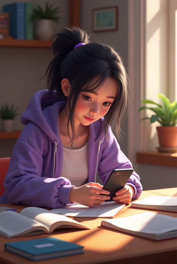 A girl wearing lavendar jacket studying for exam but looking at mobile