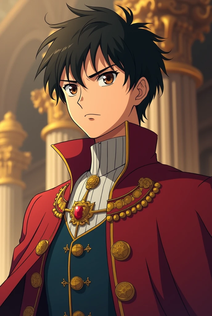 Teenager Crown prince has a commanding and regal appearance with short, well-groomed dark hair and sharp, authoritative features. His eyes are a deep, penetrating brown, reflecting his seriousness and commitment. He dresses in the finest royal garments, characterized by rich fabrics and intricate embroidery that denote his high status and the weight of his responsibilities. (Ghibli art style )
