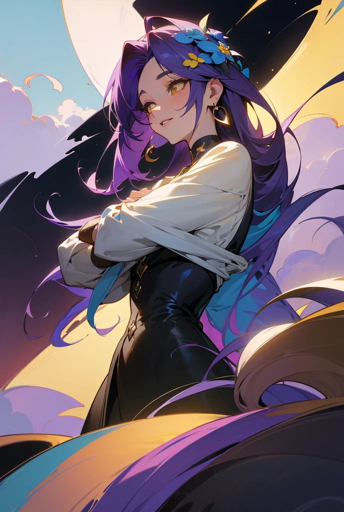 high resolution, Masterpiece artwork, hair blue, cabelo roxo, hair flower, simple background, Optical illusion, reflected light, アニメ, laughter, yellow eyes, slightly separated lips, Masterpiece artwork, impressionalism, Half moon earrings,
