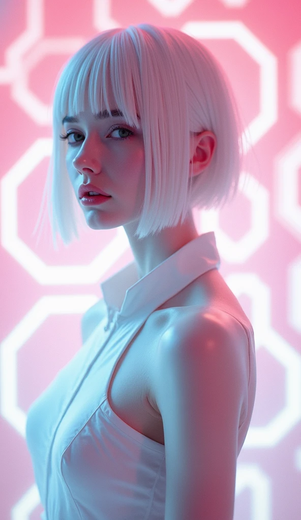 A beautiful attractive woman with short hair, full body portrait, in the style of Moebius, full of pink and white hexagons in the background, with a futuristic sci-fi aesthetic style, simple details, minimalism, black lines, clean pictures. The skin is white and she has an extremely delicate face that resembles floating glass. A sense of mystery, soft lighting, ultra-high definition images, and a cool color tone. She is wearing, 32k ,uhd