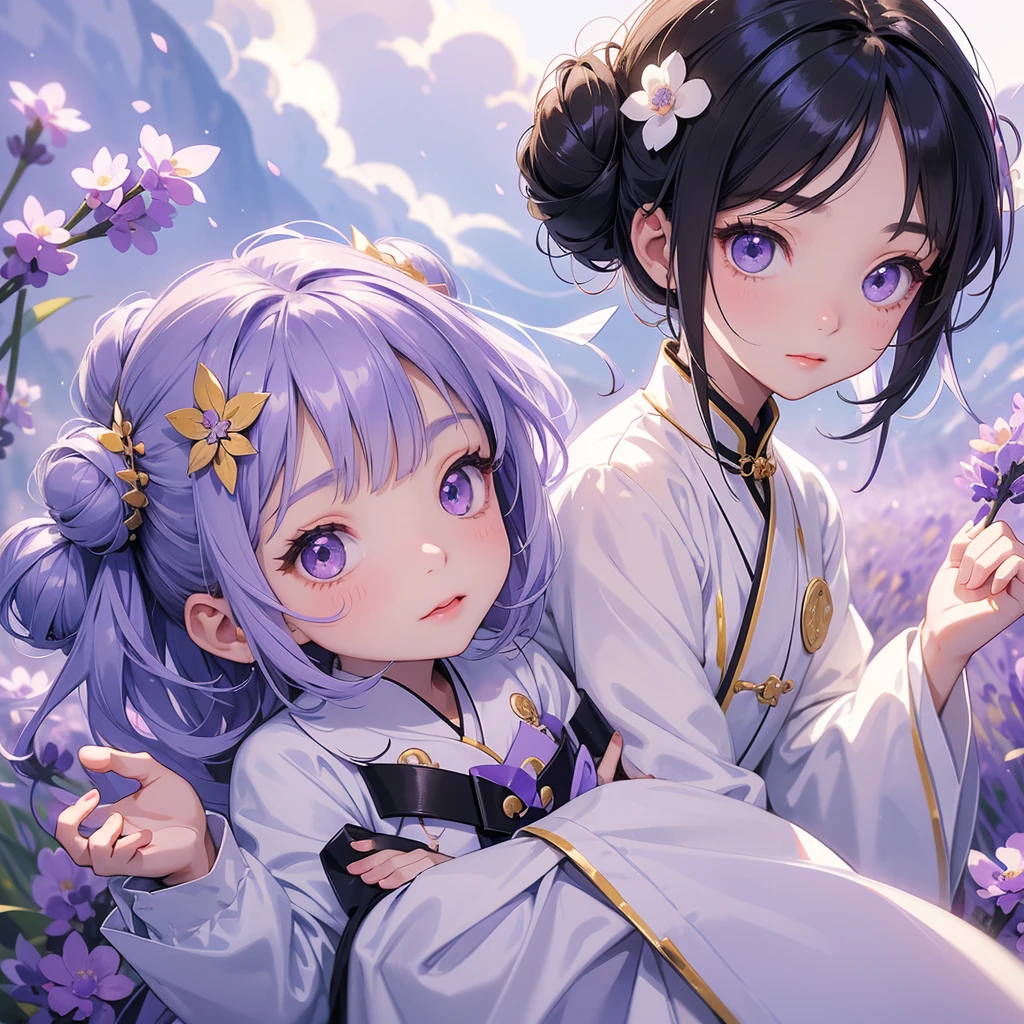 A chibi child girl had a small face and Wearing white little Taoist priest's outfit. A pair of big round eyes shone with curiosity about him. This child was so cute, Stroll among the purple lavender fields , There are some floating clouds.

her hair is black with two buns on her hair.small chibi, chibi baby, smiling ,Chibi.

