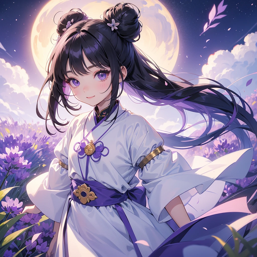 A chibi child girl had a small face and Wearing white little Taoist priest's outfit. A pair of big round eyes shone with curiosity about him. This child was so cute, Stroll among the purple lavender fields , There are some floating clouds.
her hair is black with two buns on her hair.small chibi, chibi baby, smiling ,Chibi.