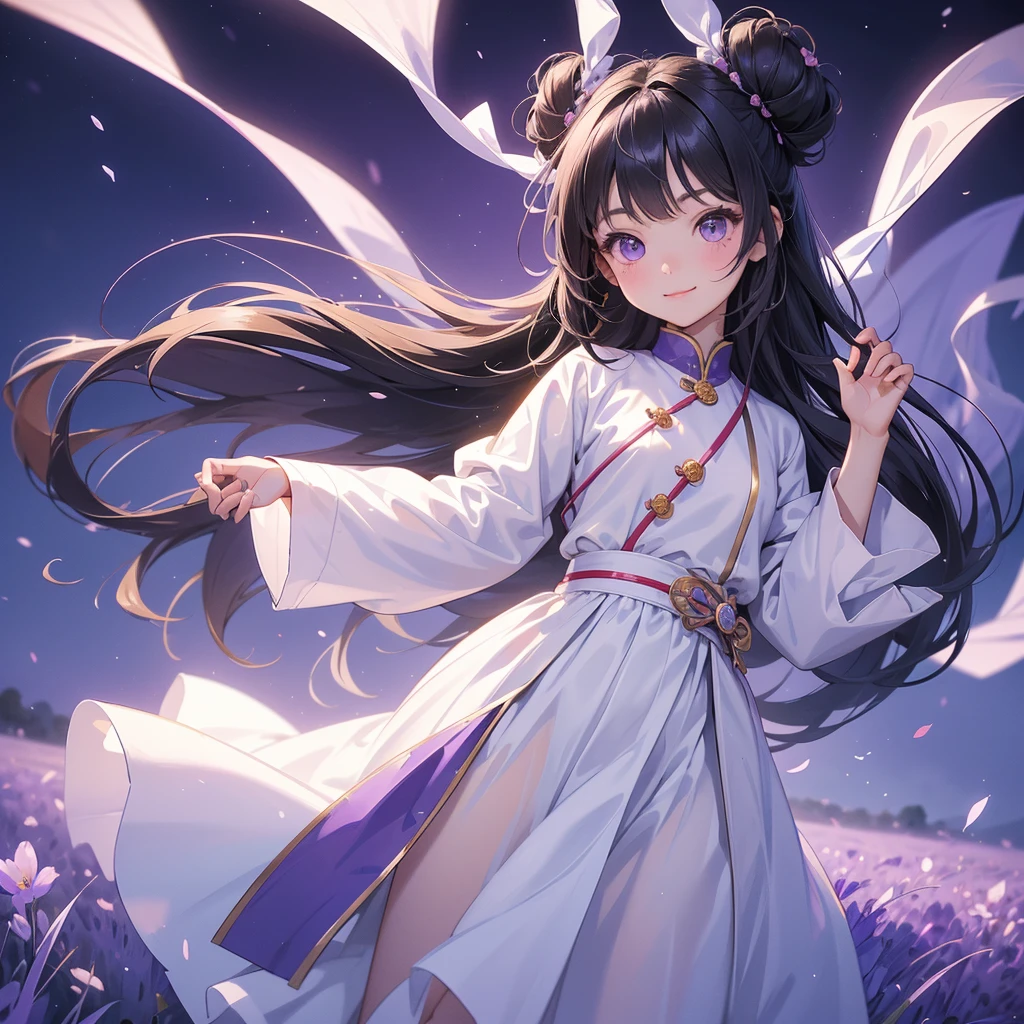 A chibi child girl had a small face and Wearing white little Taoist priest's outfit. A pair of big round eyes shone with curiosity about him. This child was so cute, Stroll among the purple lavender fields , There are some floating clouds.
her hair is black with two buns on her hair.small chibi, chibi baby, smiling ,Chibi.