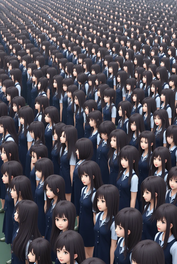 2000 long-haired Asian girls in realistic school uniforms kneel for a group photo