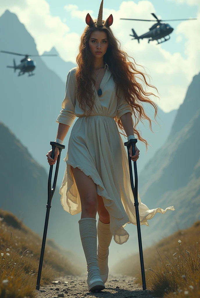 Une femme licorne, in lattice, Longhaire, Bruns, corrugated, who walks with crutches, tourne la tete pour regarder la camera. She has a cast on her right ankle.... background, des hélicoptères et des montagnes. His right ankle is in a cast., with a big bandage. ultra realistic.