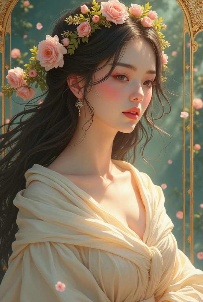 Ultra detailed anime art style (upper body illustration of a gorgeous Goddess wearing soft colored robes), very detailed face, rosy lips and cheeks, (art nouveau merged with anime), billowing, metallic accents, fantasy, traditional art, bloom, lush, innocent, whimsical, art deco, best resolution, best quality, insane amount of details,