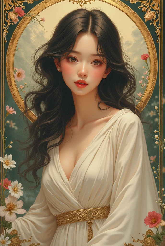 Ultra detailed anime art style (upper body illustration of a gorgeous Goddess wearing soft colored robes), very detailed face, rosy lips and cheeks, (art nouveau merged with anime), billowing, metallic accents, fantasy, traditional art, bloom, lush, innocent, whimsical, art deco, best resolution, best quality, insane amount of details,